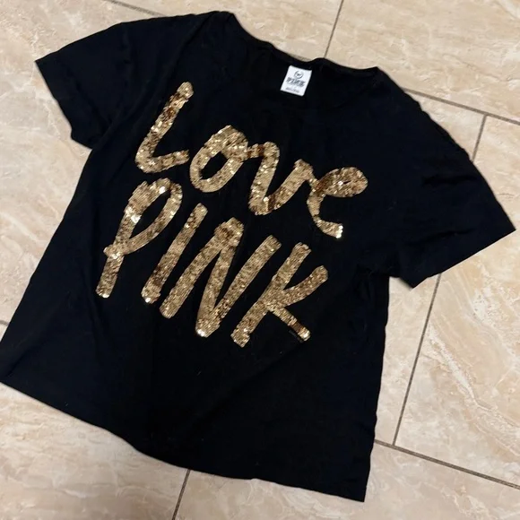 PINK Victoria's Secret Black Tee with Gold Accents - Picture 2 of 5